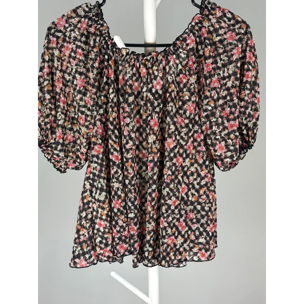 Free People Womens Floral Mesh Lace Puff Sleeve Button Front Top XS Black Pink